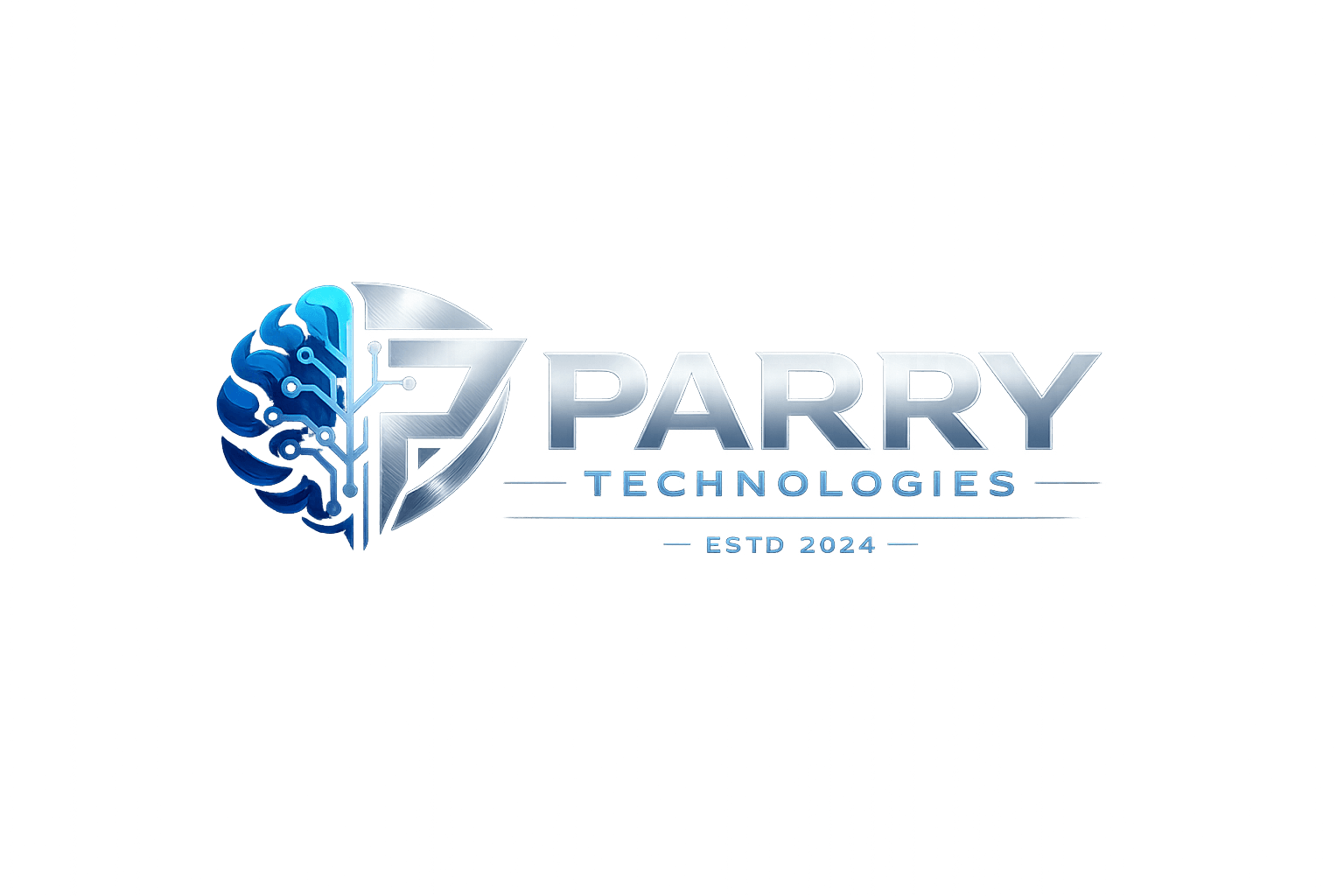 Parry Technologies logo with blue brain and silver P emblem and wordmark
