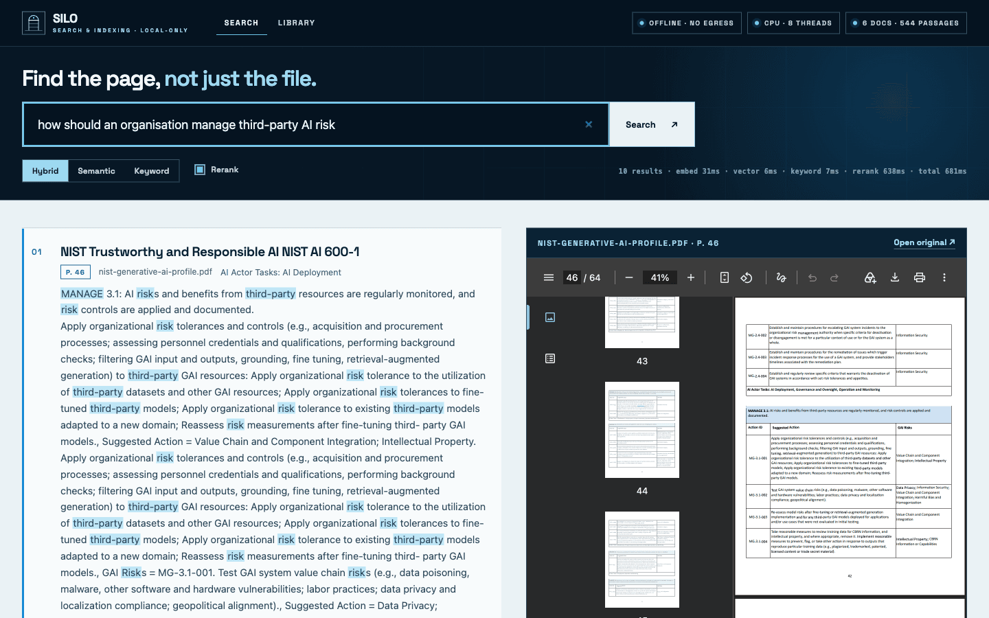 SILO search results beside the source PDF opened at the matching page